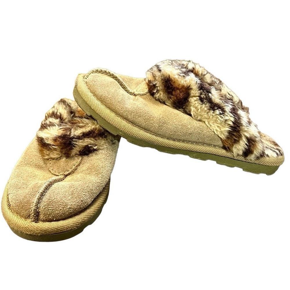 Girl’s Faux Suede Fur Animal Print Slippers Size Small 13-1
